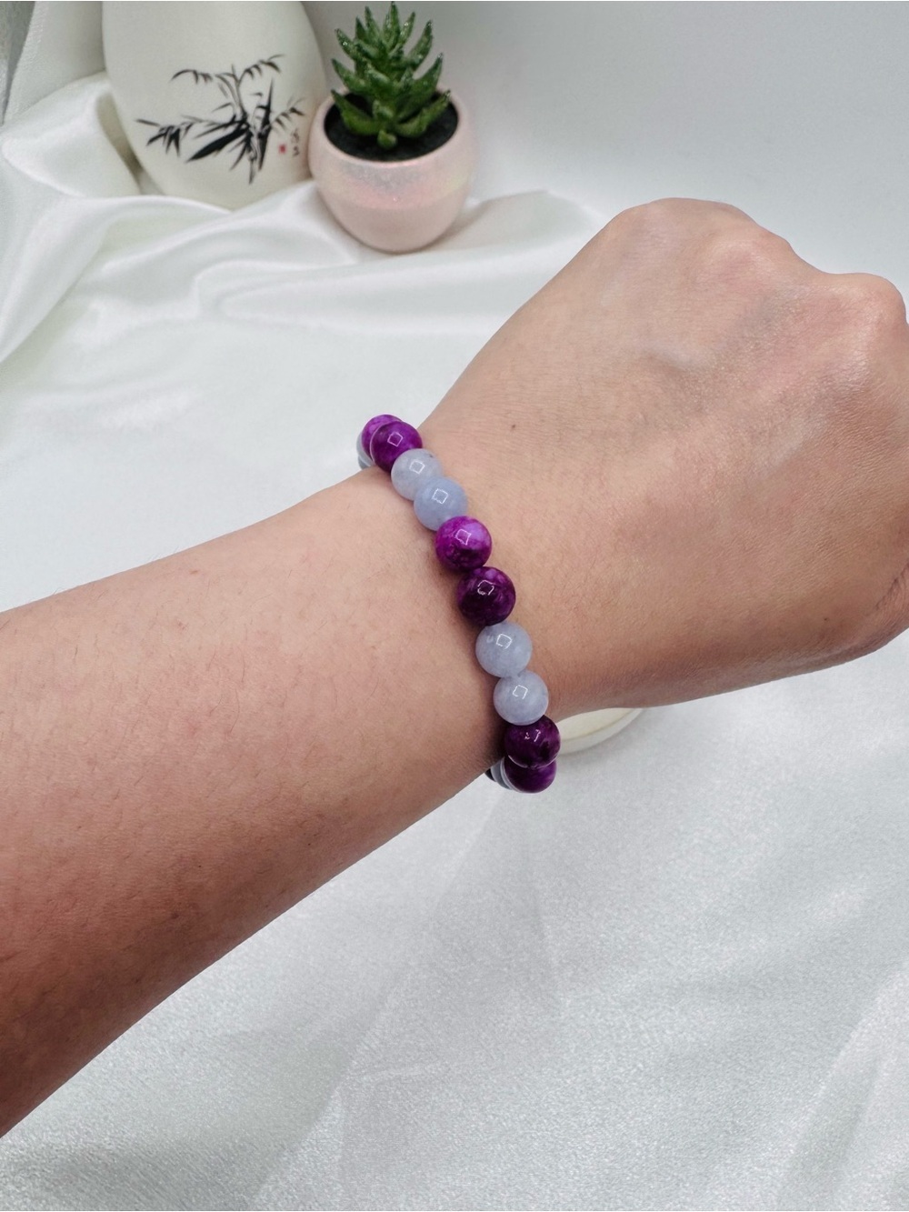 Purple and Marine Blue Stone Beaded Stretch Bracelet - Picture 3 of 4